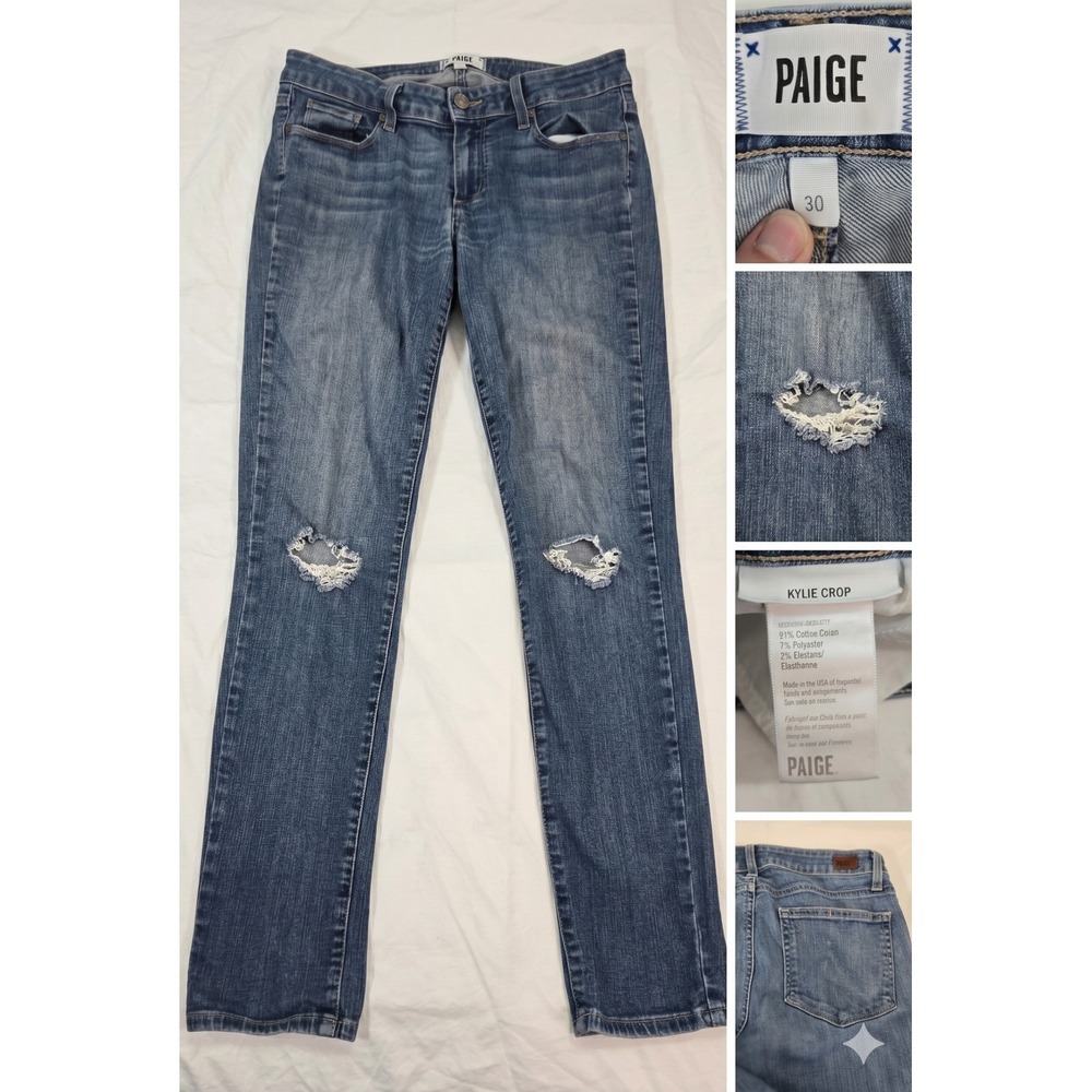 Paige Kylie Crop Jeans Womens 30 Evelyn Dest Distressed Made in USA Blue Denim